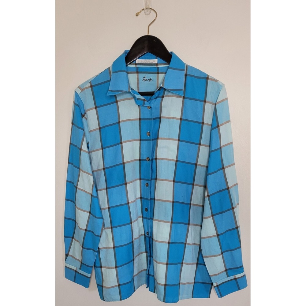 Foxcroft Size 16 Blue Plaid Wrinkle Free Button Down Blouse Top Classic Preppy